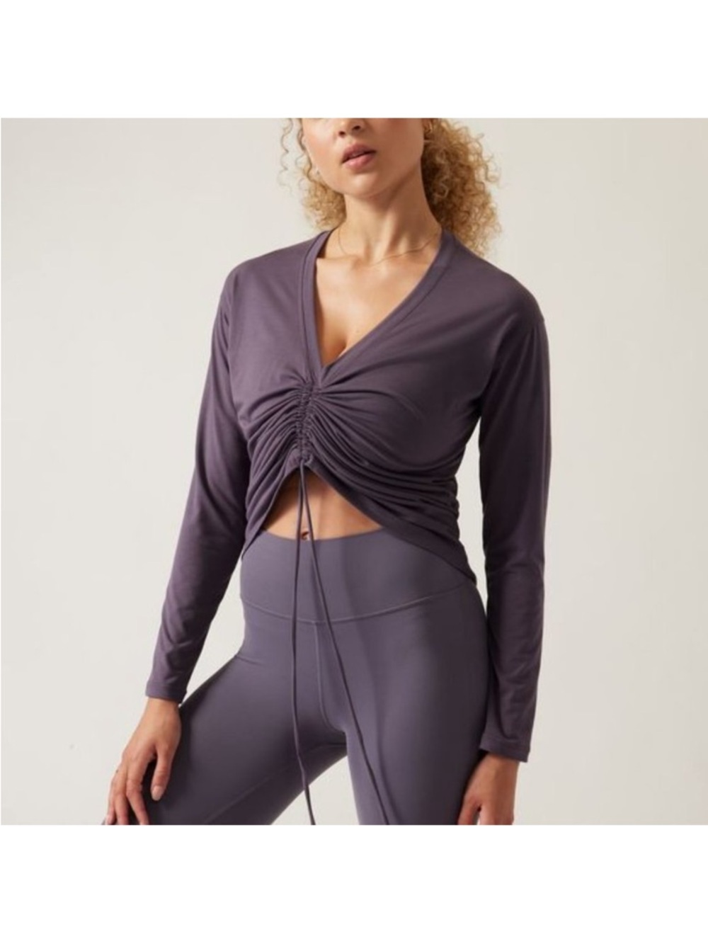 Athleta Crossover Ruched Top Long Sleeve Drawstring Purple Small crop